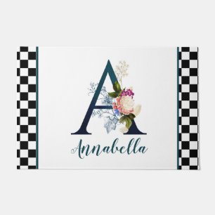 Checkerboard Fancy Floral Monogram Letter A Doormat