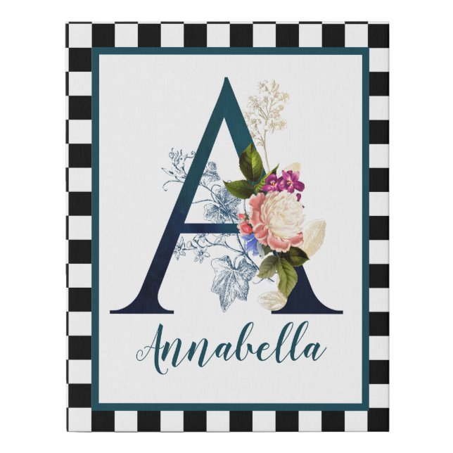Checkerboard Fancy Floral Monogram Letter A Faux Canvas Print (Front)