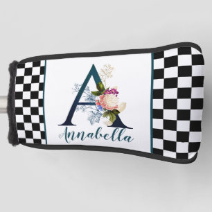 Checkerboard Fancy Floral Monogram Letter A  Golf Head Cover