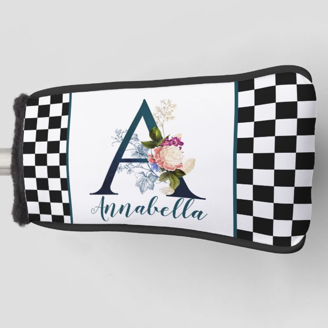 Checkerboard Fancy Floral Monogram Letter A  Golf Head Cover (Front)