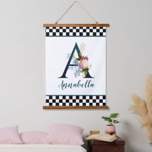 Checkerboard Fancy Floral Monogram Letter A  Hanging Tapestry