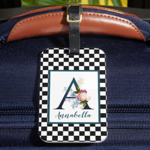 Checkerboard Fancy Floral Monogram Letter A  Luggage Tag