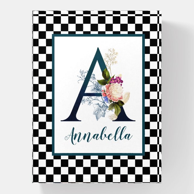 Checkerboard Fancy Floral Monogram Letter A  Paperweight (Vertical)