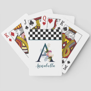 Checkerboard Fancy Floral Monogram Letter A Poker Cards