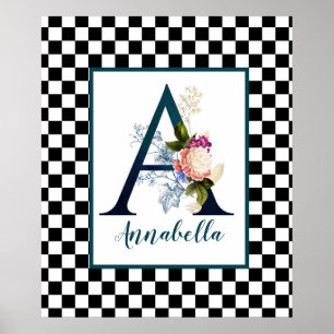Checkerboard Fancy Floral Monogram Letter A Poster