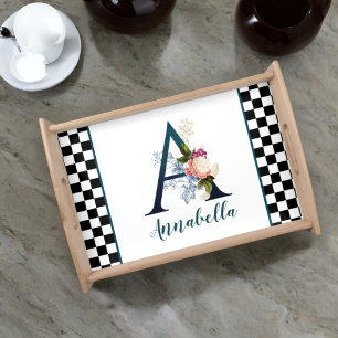 Checkerboard Fancy Floral Monogram Letter A  Serving Tray