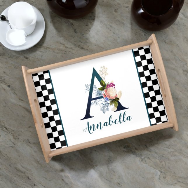 Checkerboard Fancy Floral Monogram Letter A  Serving Tray (Creator Uploaded)