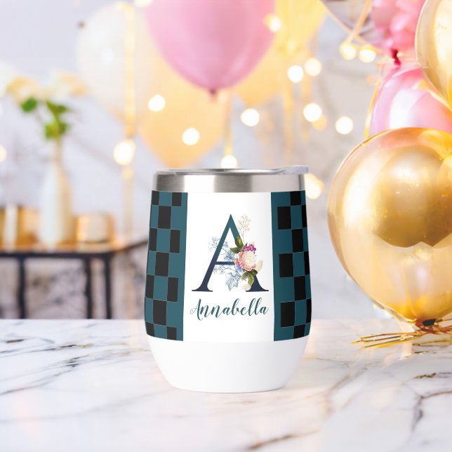 Checkerboard Fancy Floral Monogram Letter A   Thermal Wine Tumbler (Bachelor Party)