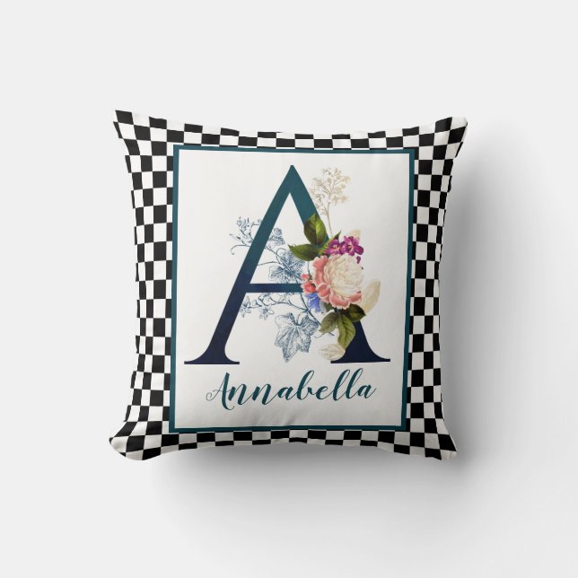 Checkerboard Fancy Floral Monogram Letter A  Throw Pillow (Front)