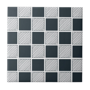 Checkerboard Geometric Navy Blue Black and White Ceramic Tile