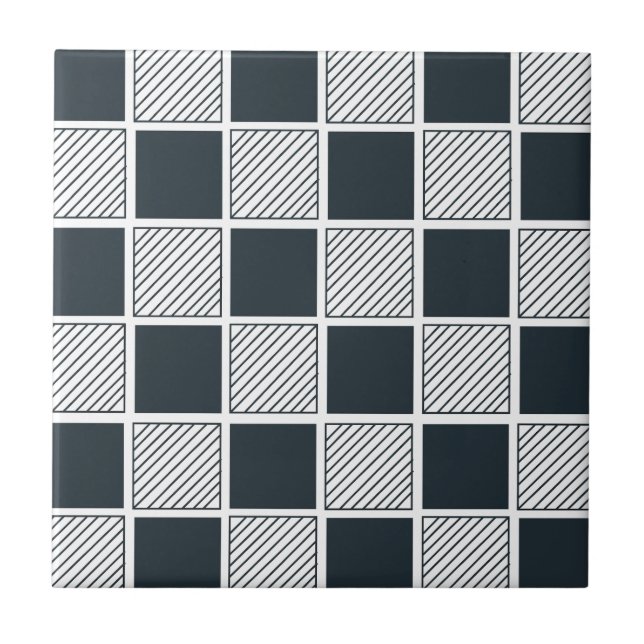 Checkerboard Geometric Navy Blue Black and White  Ceramic Tile (Front)