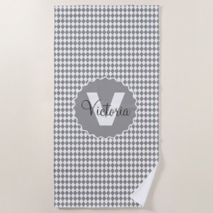 Checkerboard Grayscale with Monogram Name Beach Towel