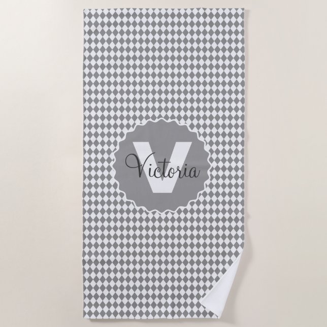 Checkerboard Grayscale with Monogram Name   Beach Towel (Front)