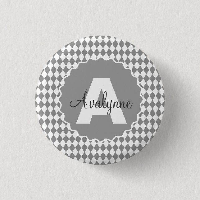 Checkerboard Grayscale with Monogram Name     Button (Front)