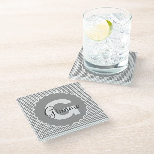 Checkerboard Grayscale with Monogram Name Glass Coaster (Angled)