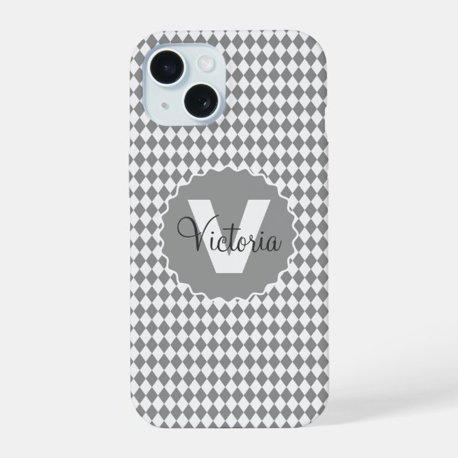 Checkerboard Grayscale with Monogram Name   Iphone Case (Back)