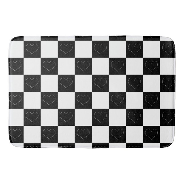 Checkerboard Hearts in Black and White Bath Mat (Front)