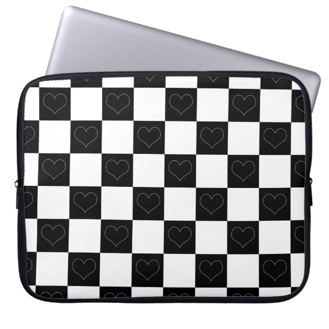 Checkerboard Hearts in Black and White Laptop Sleeve (Front)