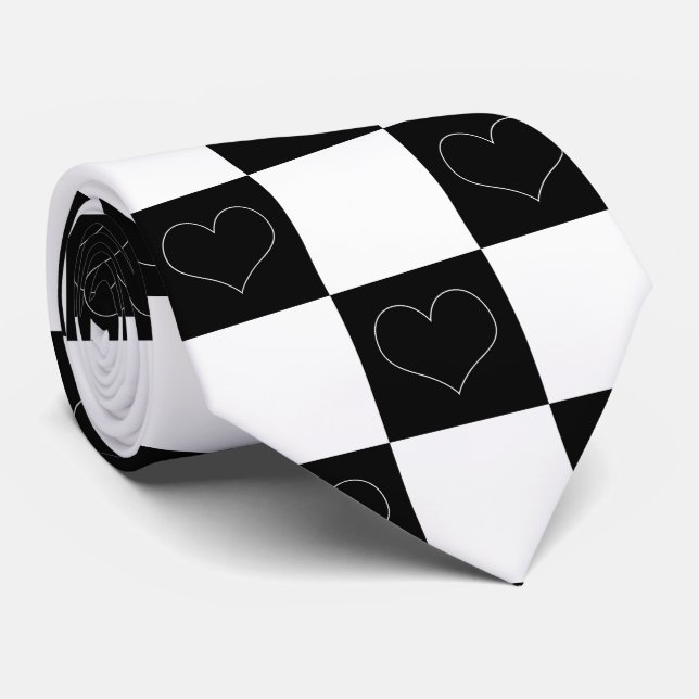 Checkerboard Hearts in Black and White Neck Tie (Rolled)