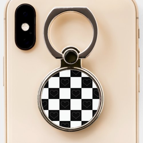 Checkerboard Hearts in Black and White Phone Ring Stand