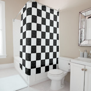 Checkerboard Hearts in Black and White Shower Curtain