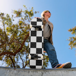 Checkerboard Hearts in Black and White Skateboard