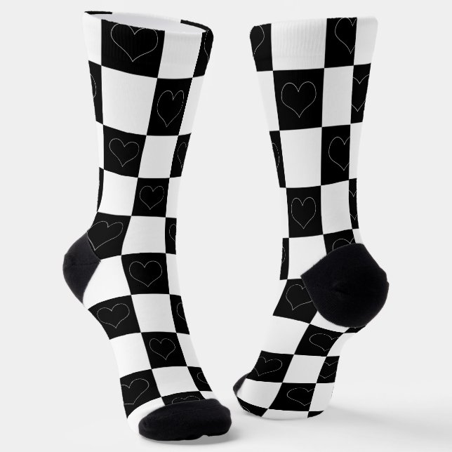Checkerboard Hearts in Black and White Socks (Angled)