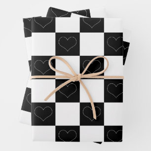 Checkerboard Hearts in Black and White Wrapping Paper Sheets