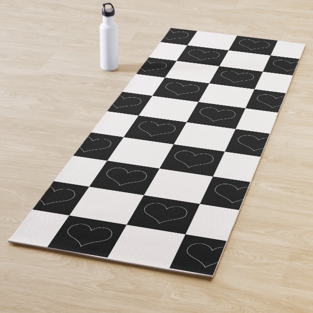 Checkerboard Hearts in Black and White Yoga Mat (In Situ)