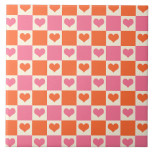Checkerboard Hearts in Pink, Orange, and Cream Ceramic Tile