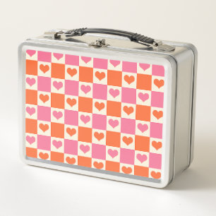 Checkerboard Hearts in Pink, Orange, and Cream Metal Lunch Box