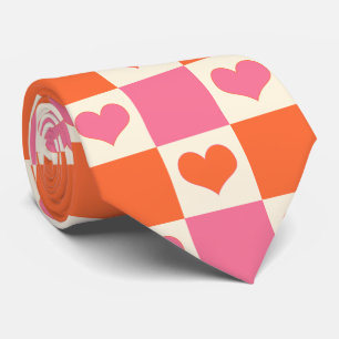 Checkerboard Hearts in Pink, Orange, and Cream Neck Tie