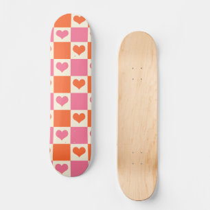 Checkerboard Hearts in Pink, Orange, and Cream Skateboard