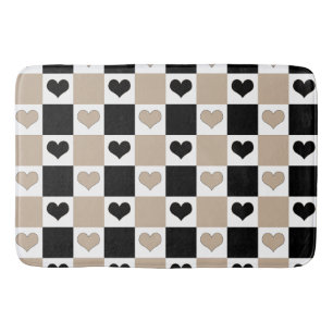 Checkerboard Hearts in Taupe, Black, and White Bath Mat