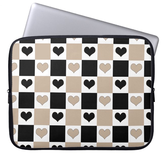 Checkerboard Hearts in Taupe, Black, and White Laptop Sleeve (Front)