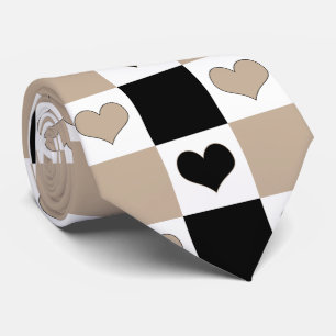Checkerboard Hearts in Taupe, Black, and White Neck Tie