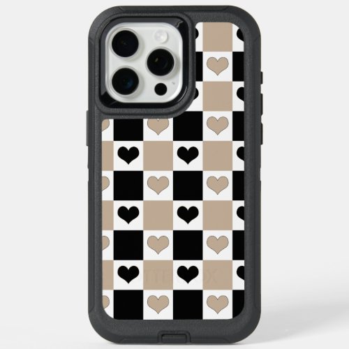Checkerboard Hearts in Taupe Black and White iPhone 15 Pro Max Case
