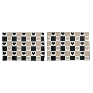 Checkerboard Hearts in Taupe, Black, and White Pillow Case