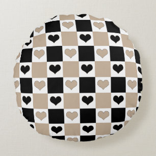Checkerboard Hearts in Taupe, Black, and White Round Pillow
