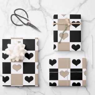 Checkerboard Hearts in Taupe, Black, and White Wrapping Paper Sheets