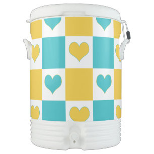 Checkerboard Hearts in Turquoise and Yellow Beverage Cooler