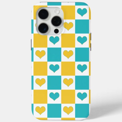 Checkerboard Hearts in Turquoise and Yellow iPhone 15 Pro Max Case