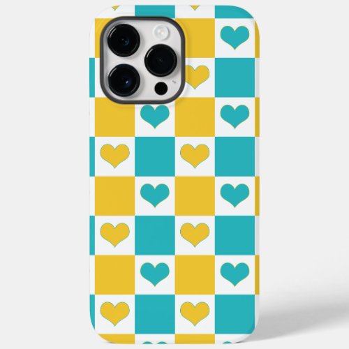Checkerboard Hearts in Turquoise and Yellow Case_Mate iPhone 14 Pro Max Case