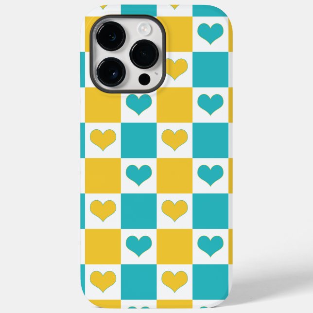Checkerboard Hearts in Turquoise and Yellow Case-Mate iPhone Case (Back)