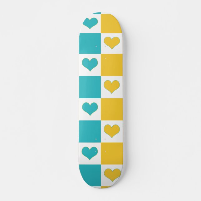 Checkerboard Hearts in Turquoise and Yellow Skateboard (Front)