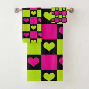 Checkerboard Hearts - Lime Green, Hot Pink & Black Bath Towel Set