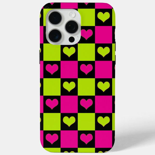 Checkerboard Hearts - Lime Green, Hot Pink & Black Case-Mate iPhone Case (Back)