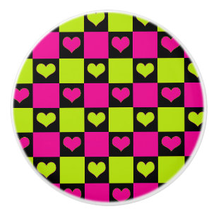 Checkerboard Hearts - Lime Green, Hot Pink & Black Ceramic Knob