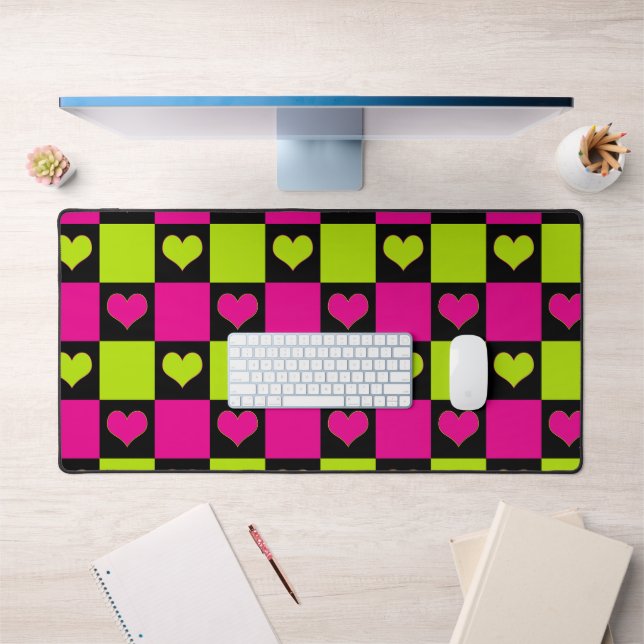Checkerboard Hearts - Lime Green, Hot Pink & Black Desk Mat (Office 1)