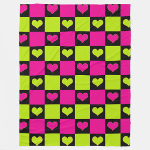 Checkerboard Hearts - Lime Green, Hot Pink & Black Fleece Blanket